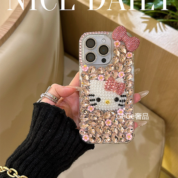 花朵满钻KT猫蝴蝶结适用苹果17promax手机壳iphone16p/15/14/13女