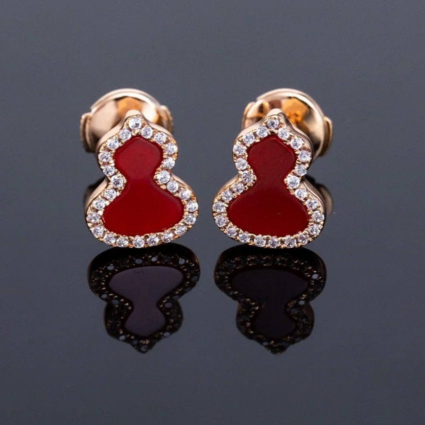 99新 Qeelin 小花6欢 葫芦 18k玫瑰金 钻石红玛瑙耳环
