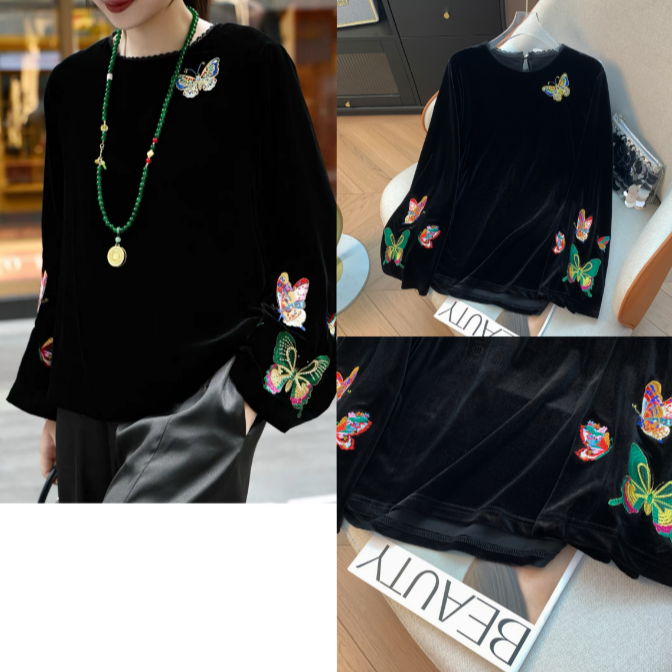 D999-3240【蝶舞】新中式重工蝴蝶刺绣百搭老钱丝绒长袖国风衬衫