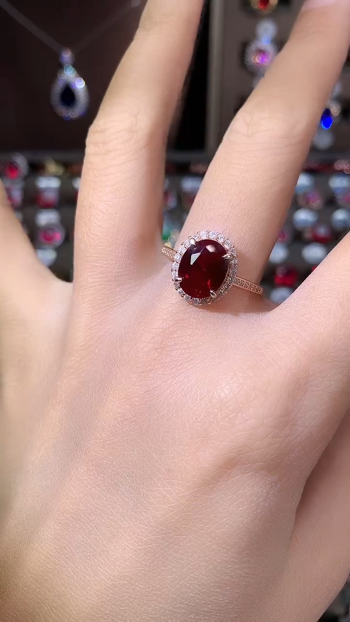 银S925镶嵌戒指红宝石810酒红玫瑰金