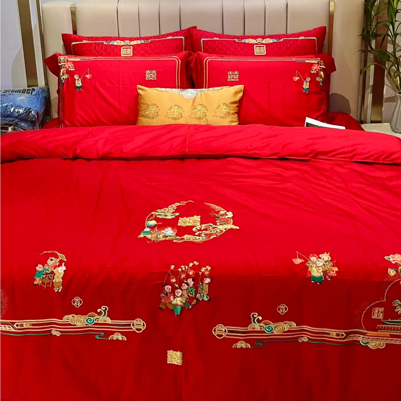 婚庆长绒棉百子图四件套床上用品