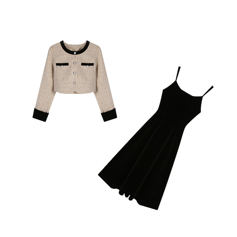 周周-咖色上衣+黑色吊带裙两件套ZL37316秋冬套装大码小香风裙子