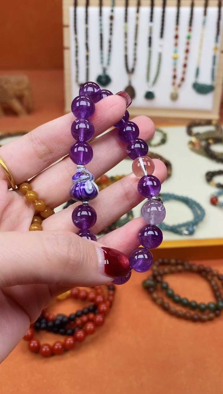 未镶嵌手链紫晶单圈紫水晶大漆葫芦手串