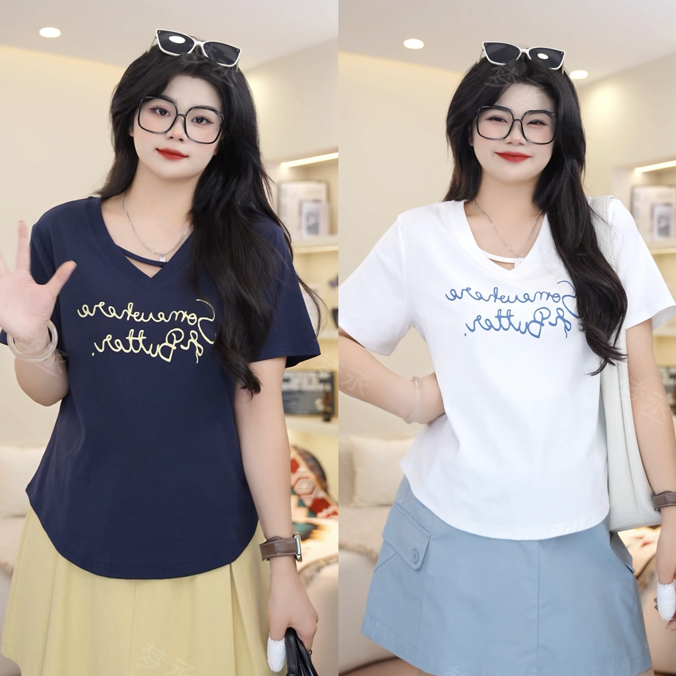 梦丞【自在感】大码女装设计感镂空V领洋气字母印花百搭减龄短袖T恤