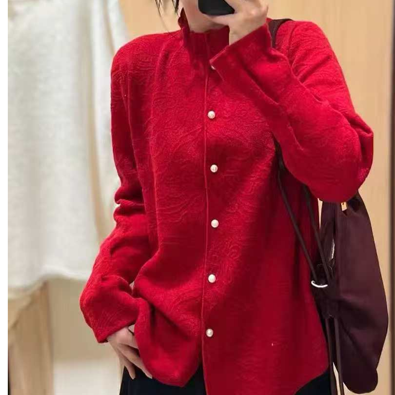 针织长袖羊毛衫刺绣立领宽松型圆领网红花瓣袖毛衣