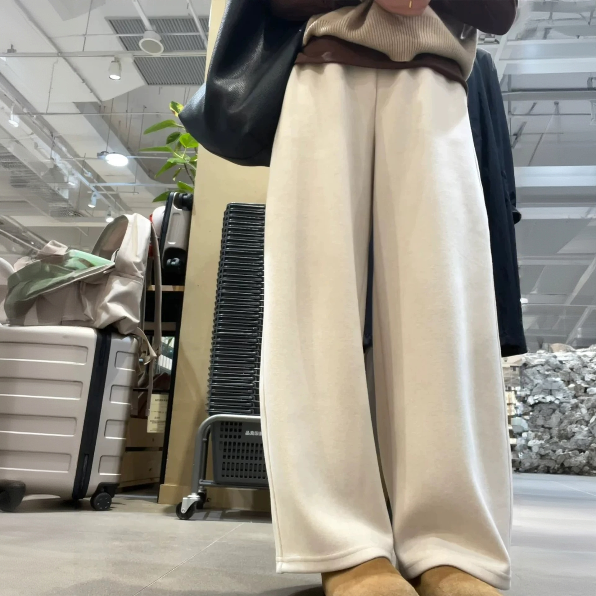 慵懒感米杏色毛呢阔腿裤女大码女装秋冬胖妹妹mm宽松直筒休闲裤子