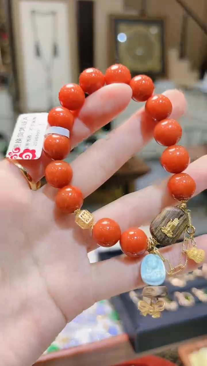 【闪购商品】南红玛瑙手串18K金镶嵌链条绿松无相佛提溜南红手串