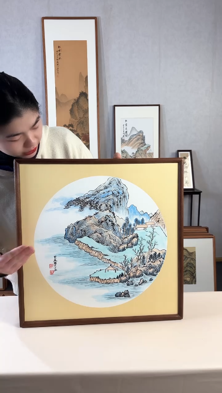 【闪购商品】国画手绘*山水斗方*52*52cm实木框