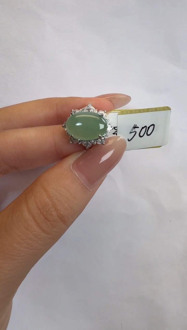 银S925镶嵌戒指翡翠通体925银镶缅甸A货翡翠戒指217