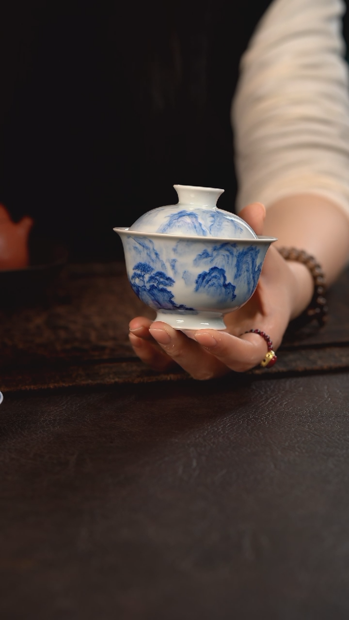 【闪购商品】杯聚澜堂国画山水元宝盖碗