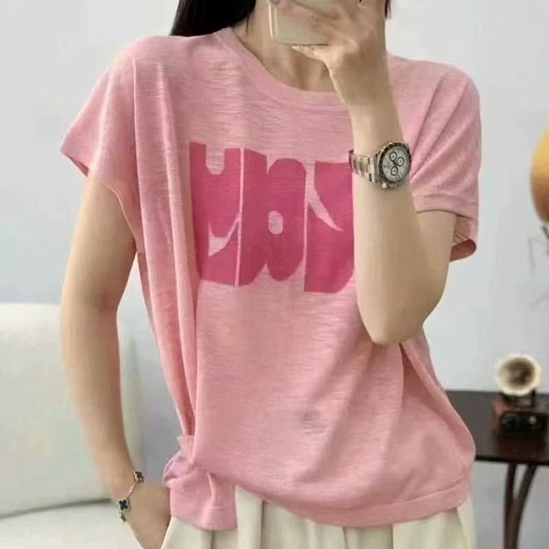 夏季新款针织衫时尚宽松字母韩版撞色圆领落肩袖套头上衣1147P