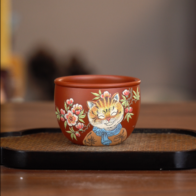 7258宜兴紫砂茶具大红袍泥料堆绘老虎主人杯FSY150ml