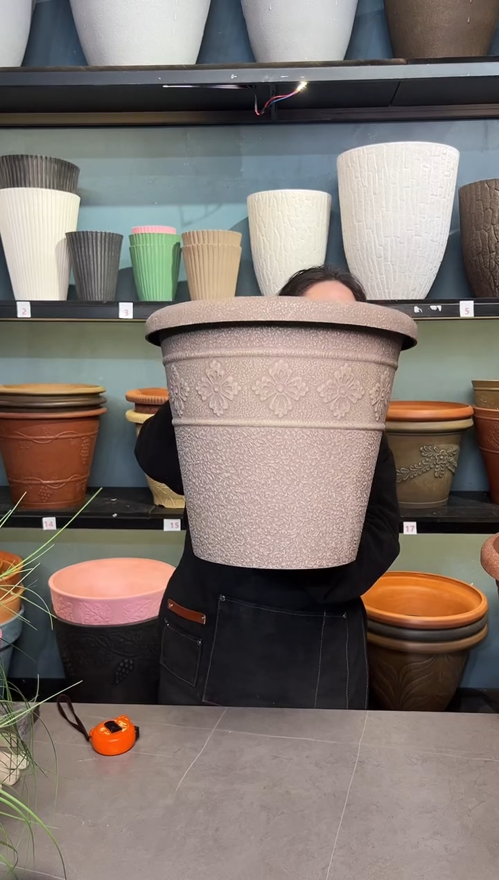 38*33/USA38-B/棕灰色手工浮雕纹理大花盆外贸尾单