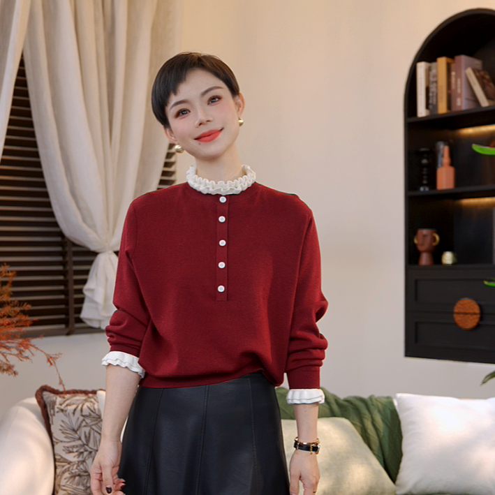【橙蜜客】莓果绛霞 珍珠木耳边小众雅致通勤针织毛衫2554M000508