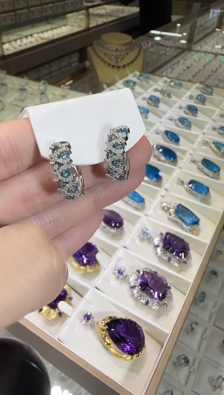 银S925镶嵌托帕石耳饰伦敦蓝耳扣款7mm