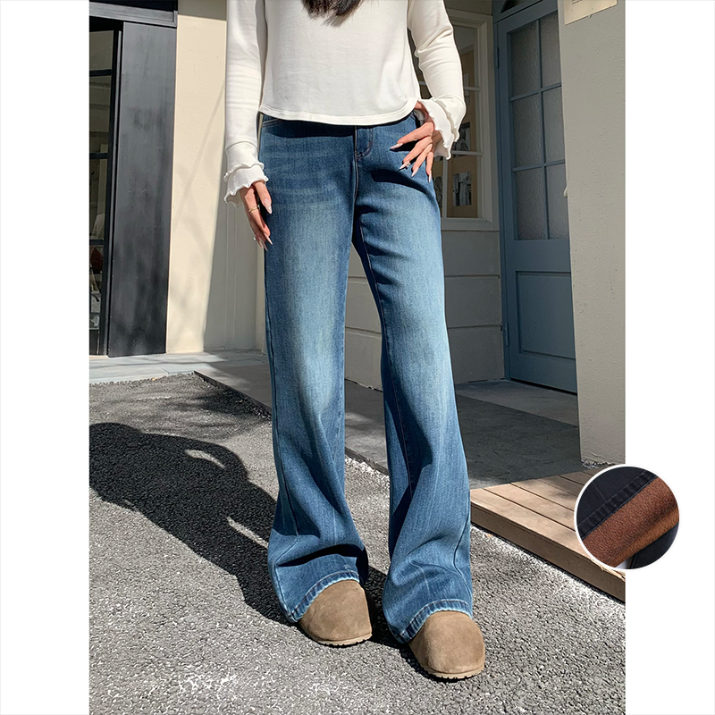 裂渡宣宣【修腿先锋】复古高腰直喇裤女冬加绒显瘦牛仔裤ZY511F48