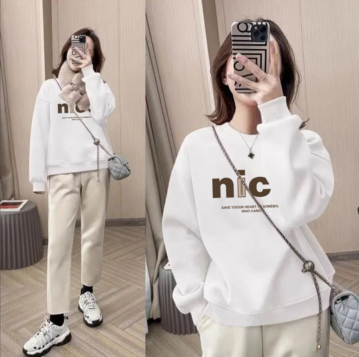 男女情侣款青春设计感情侣INS圆领卫衣-nice字母