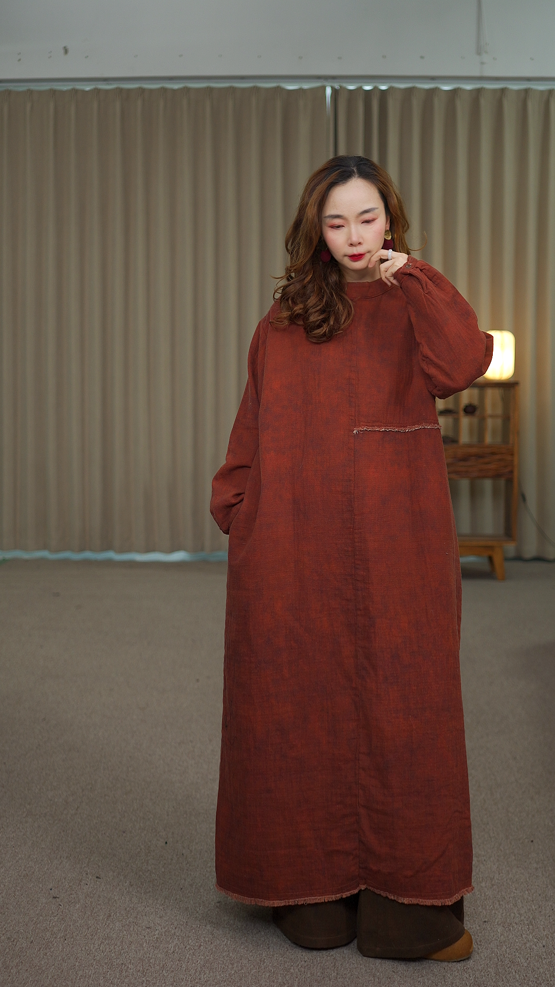 花璟与麻原创设计款拼接毛边连衣袍裙（裙长120胸围130)