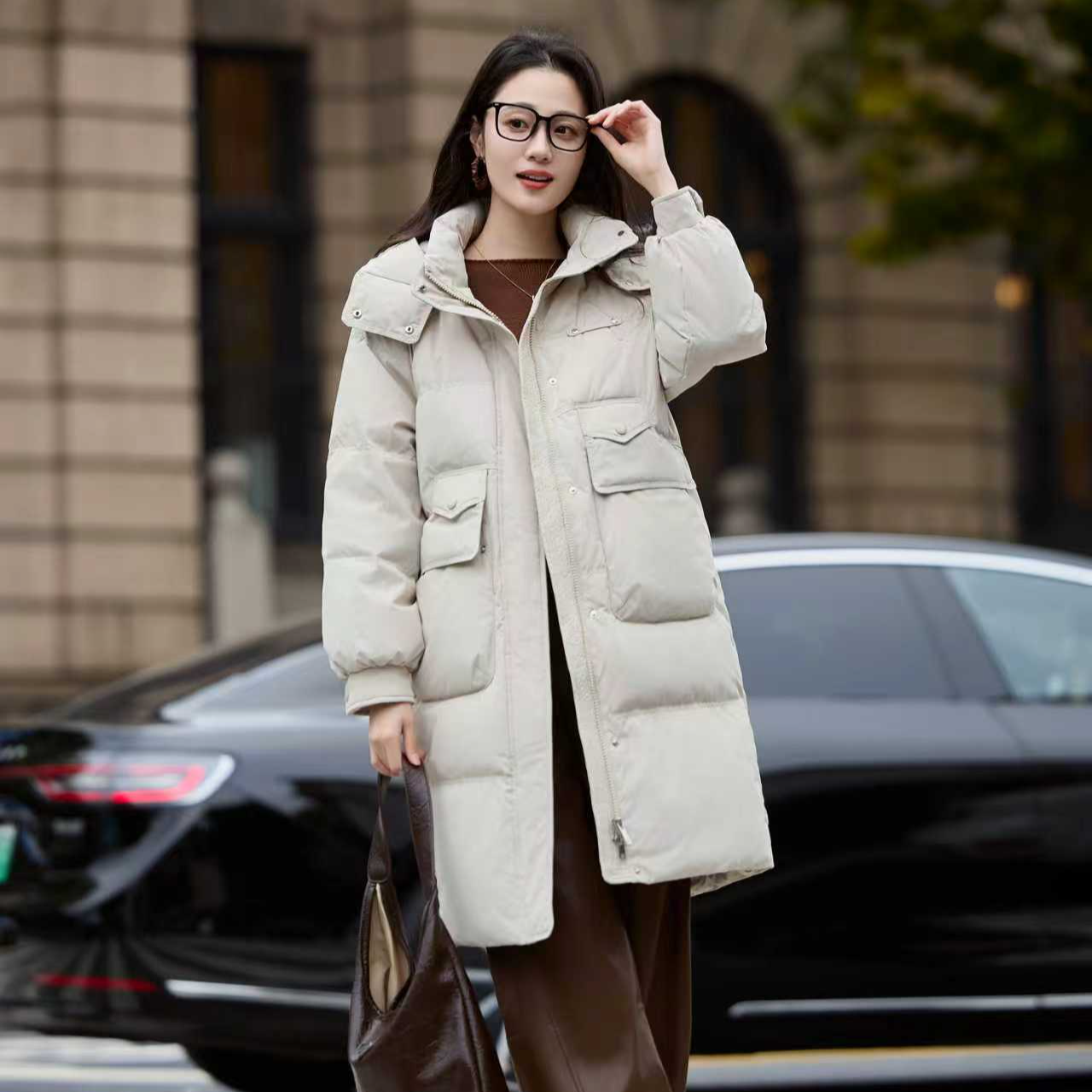 9773反季设计中长款时尚女连帽羽绒服冬季加厚百搭休闲简约女款
