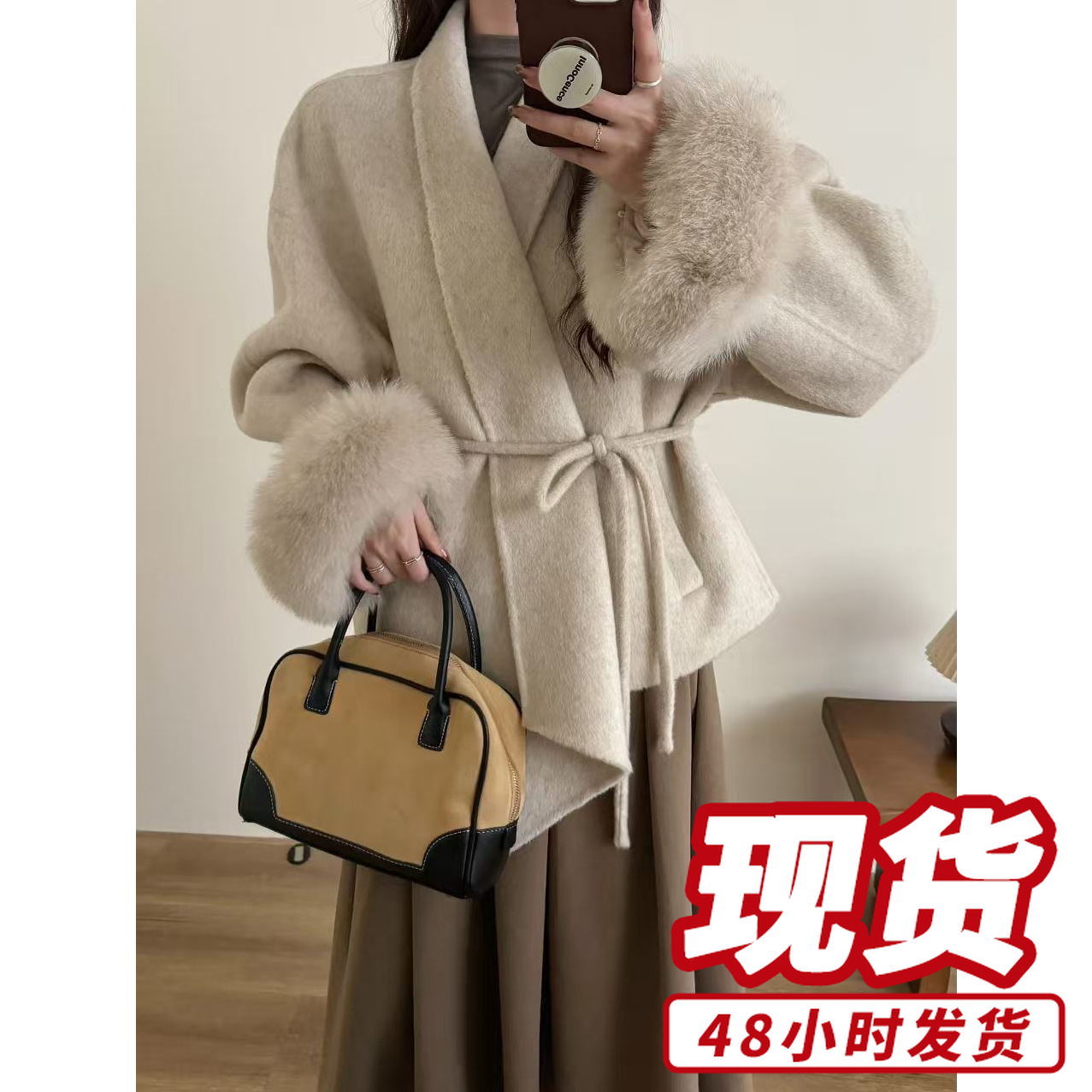 设计感毛毛袖口双面毛呢大衣女2025秋冬短款气质毛呢外套S611156