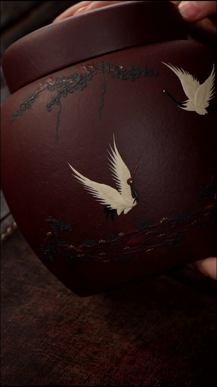 茶杯紫砂非遗茶器-仙鹤茶罐