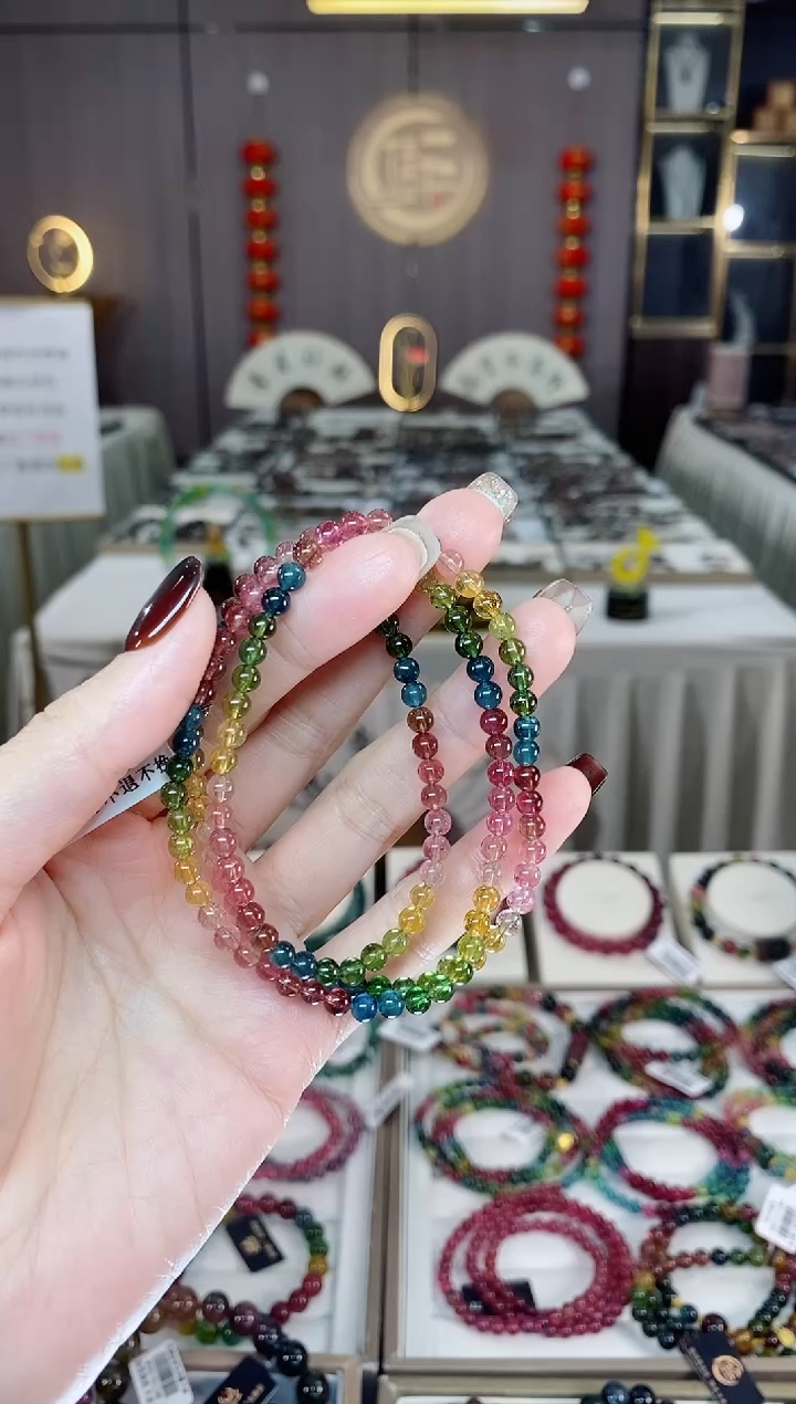 未镶嵌老矿碧玺色标彩虹三圈手串4mm+碧玺dan多样性发货一条