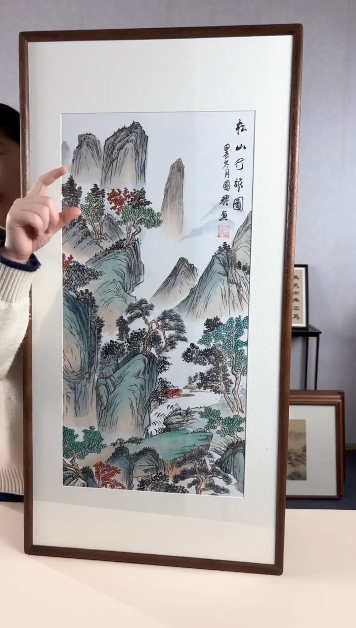 【闪购商品】国画手绘*松山行旅图*47*92cm实木框