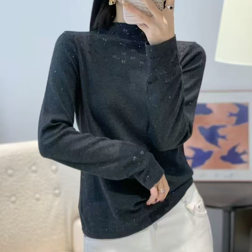 【ZM纵美】设计感镂空领袖烫钻修身显瘦气质细线针织衫上衣239517