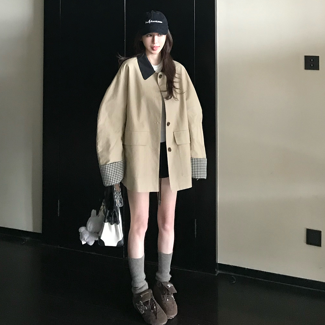 中长款卡其色风衣撞色格纹拼接短款宽松外套女秋