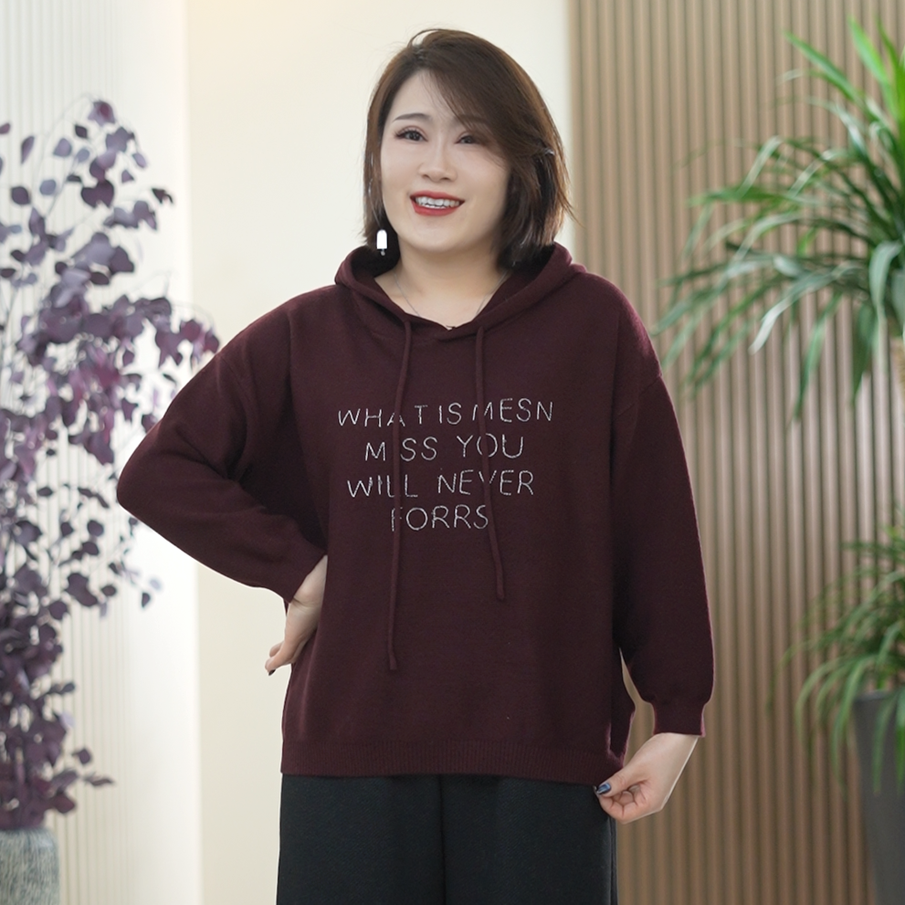 美利奴（美丽诺）羊毛卫衣女大码弹力百搭显瘦保暖连帽字母秋季上衣