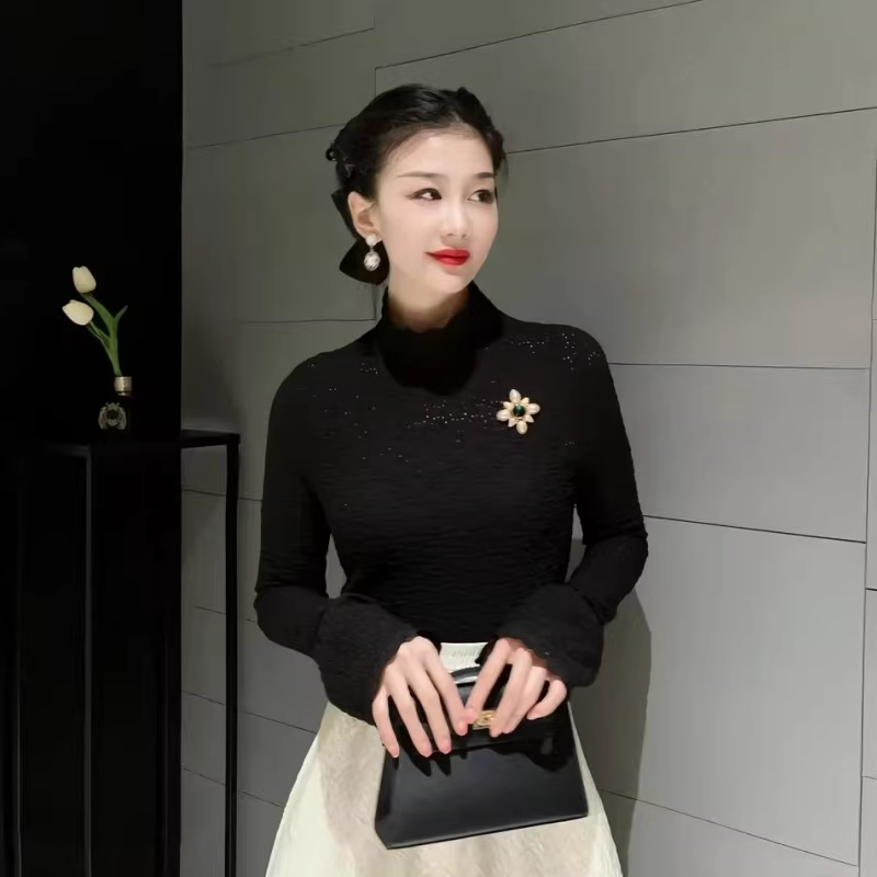 商场专柜正品2025秋季新款时尚气质修身提花镂空烟管领马蹄袖针织