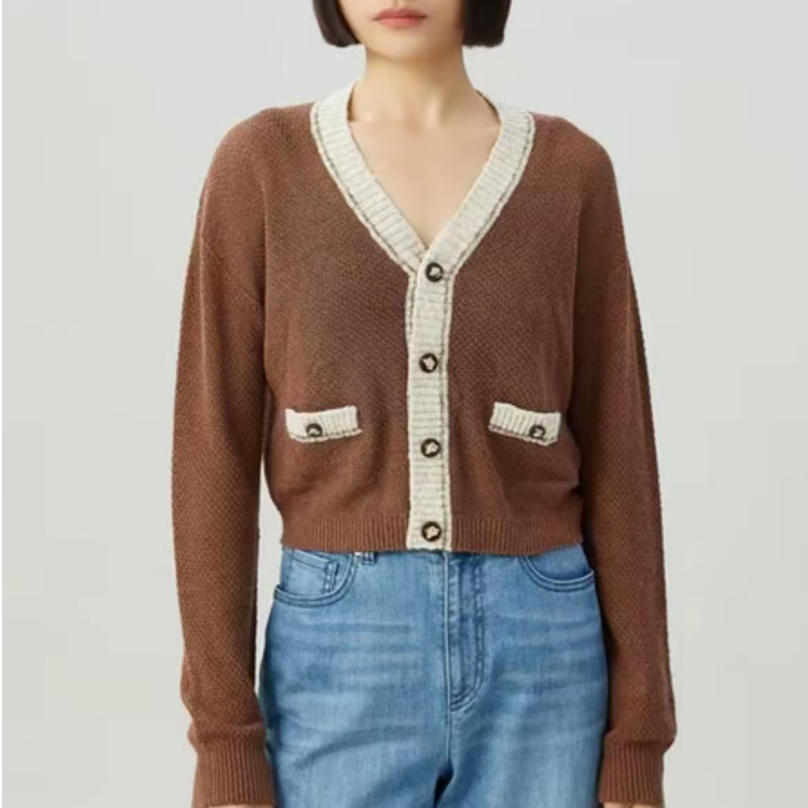 AMASS/阿玛施新款女装百搭质感V领拼色棉麻长袖针织开衫女5499208