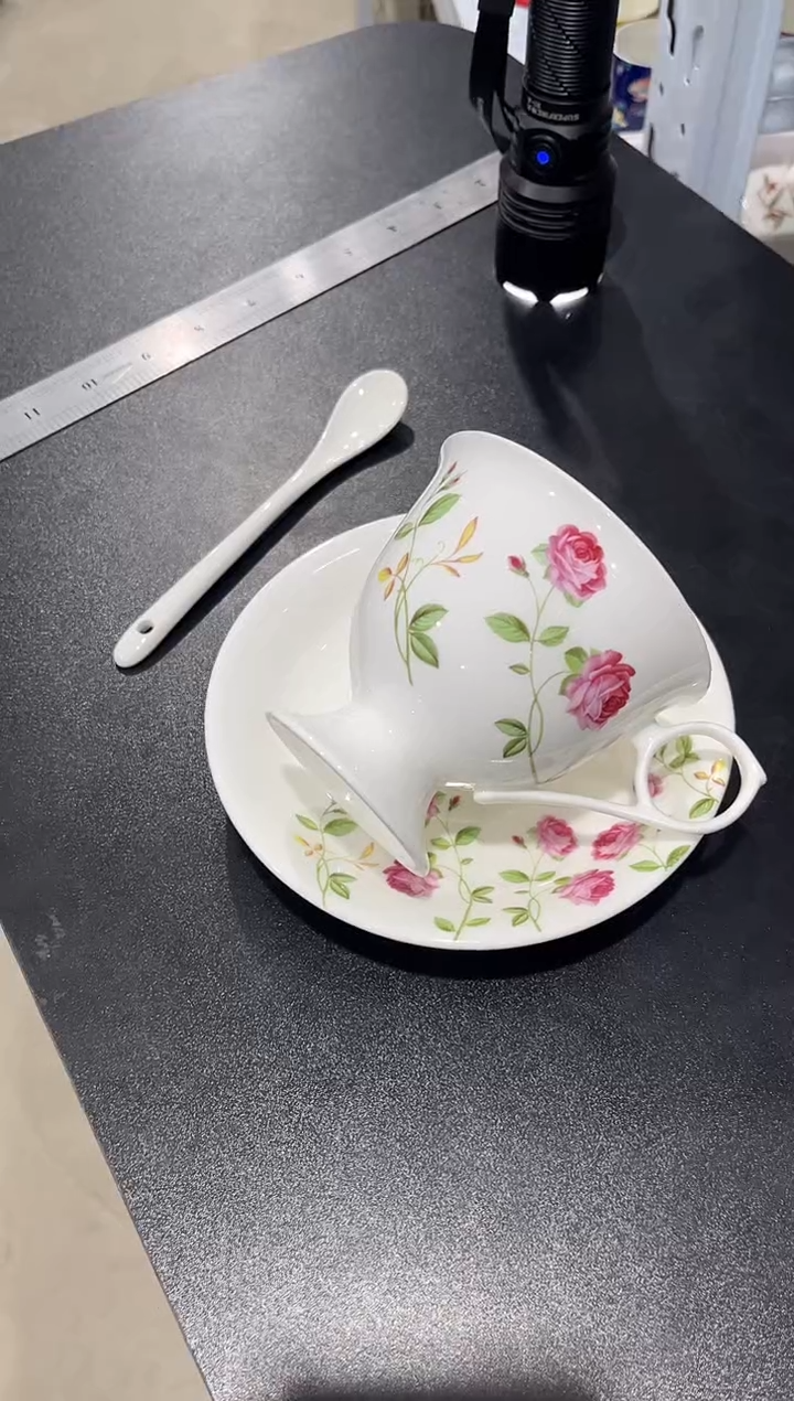 杯子骨瓷（简装）高脚玫瑰咖啡杯碟一套+小勺