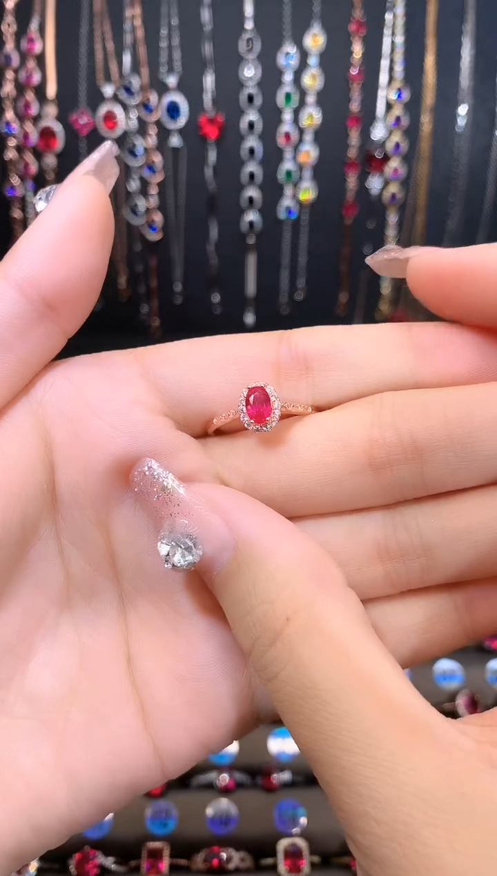 红宝石戒指银S925镶嵌玫瑰金