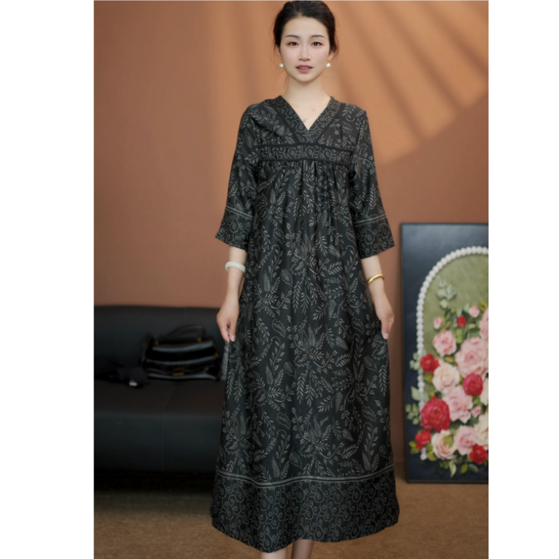 2025夏季新款新中式宽松显瘦遮肉气质连衣裙时尚中长款妈妈装裙子