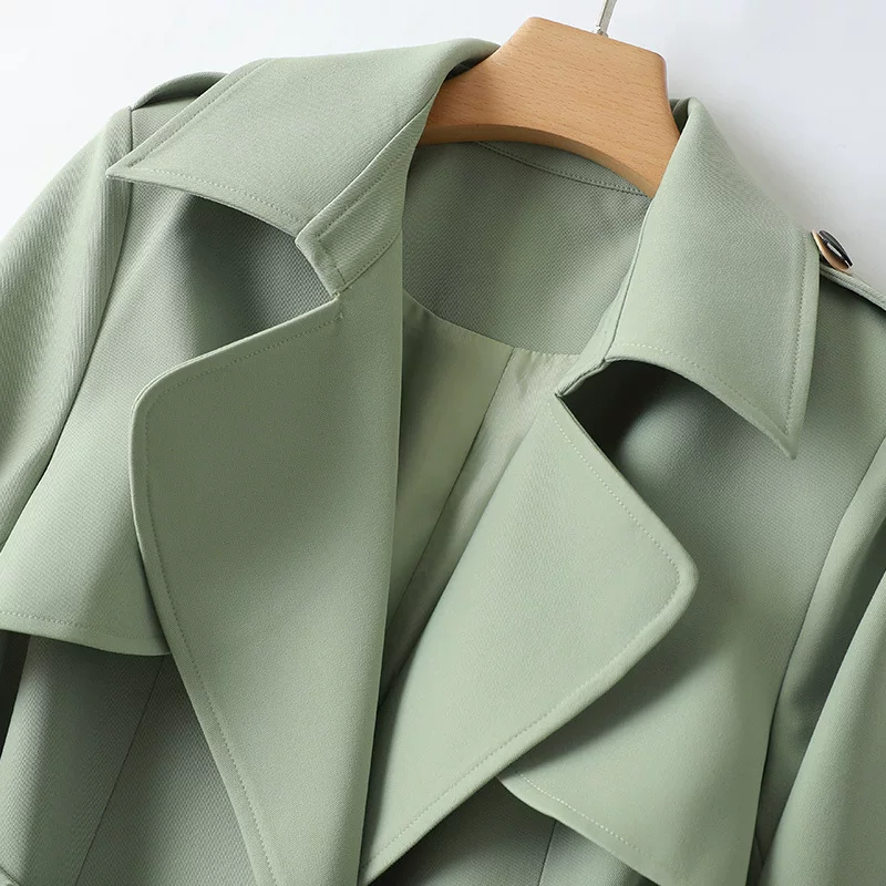 翻领绿色过膝风衣秋季新款显瘦气质英伦风中长款外套