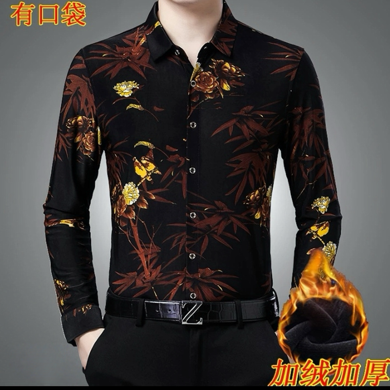 捷迈狮冬季保暖长袖花衬衫男中年碎花爸爸装宽松休闲衬衣加绒加厚