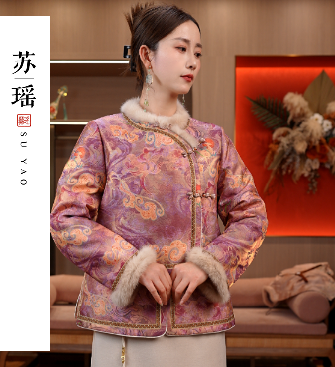 【祥云】2025新款新中式上衣女装加棉加厚宽松国风气质兔毛提花外套