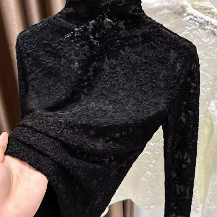 气质百搭打底蕾丝上衣打底衫长袖网红时尚洋气印花性感镂空上衣女