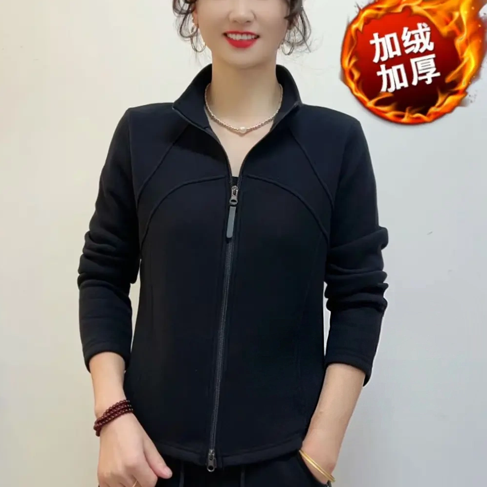 冬季时尚加绒加厚立领双拉链保暖打底衫修身显瘦长袖运动休闲上衣