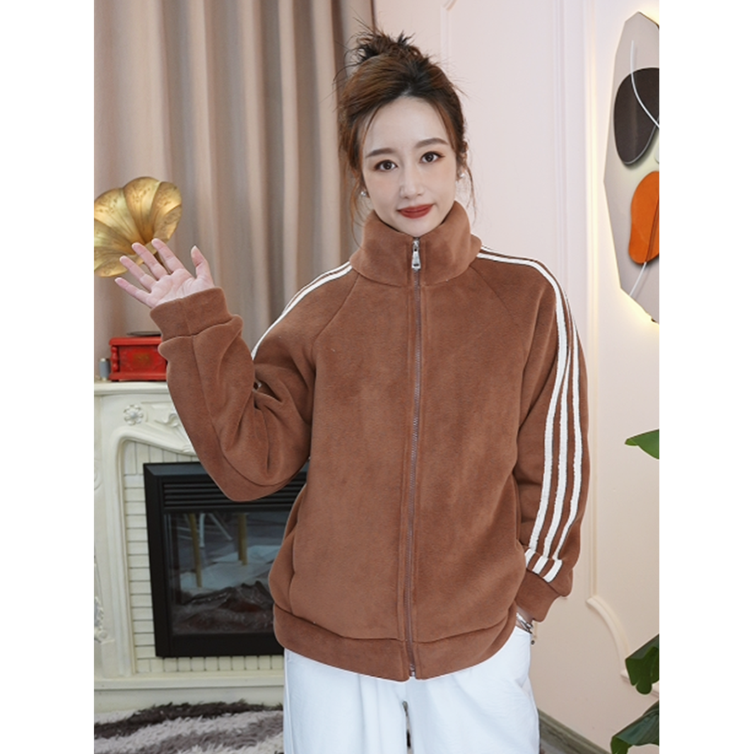 <<南瓜色>>秋季时尚宽松大码拼接女长袖外套运动开衫加绒外套