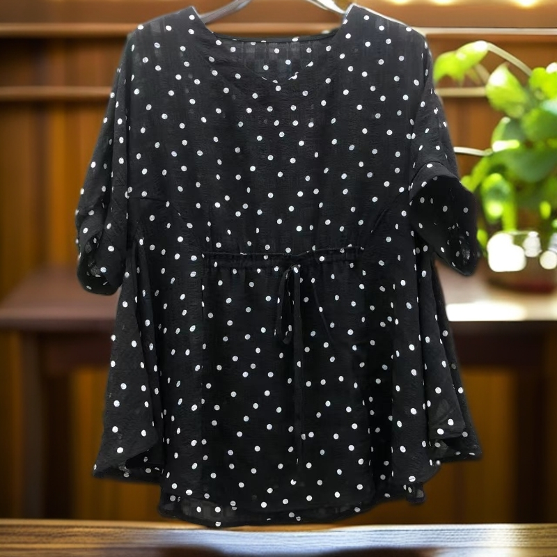 689 经典波点轻薄V领宽松抽绳收腰大码女上衣