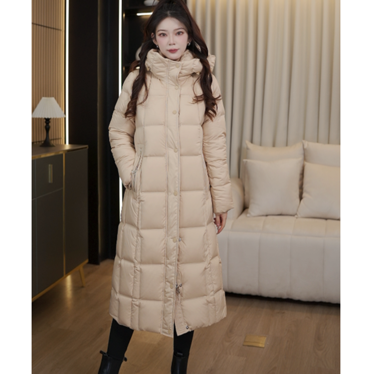 YG 新标90羽绒轻奢高定百搭显瘦收腰连帽保暖中长款羽绒服 W1178