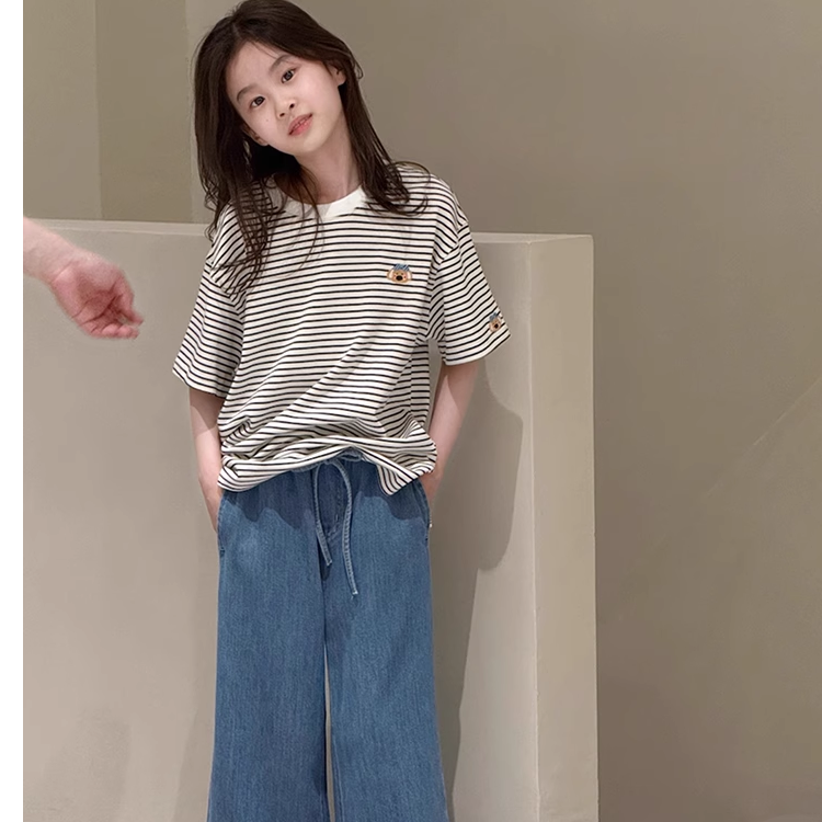 女童短袖T恤2025夏装新款儿童中大童条纹半袖上衣 T25286