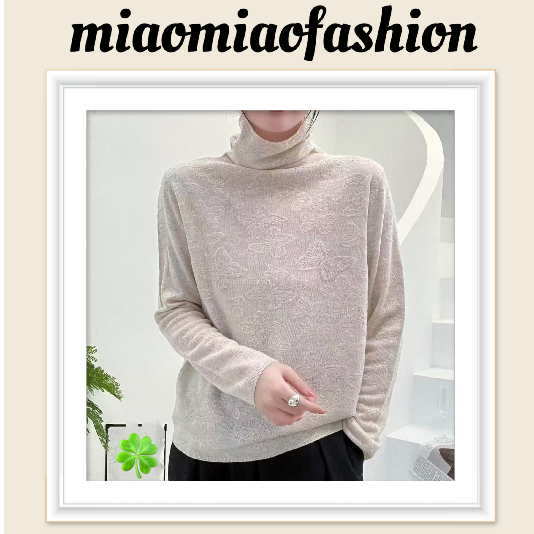 【MIO】米奥冬季时尚镶钻印花高领堆堆领百搭长袖显瘦针织打底毛衫