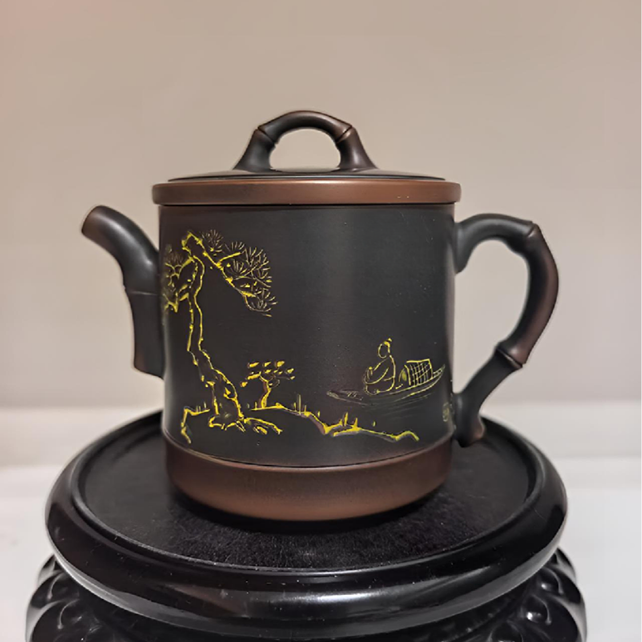 广西钦州坭兴陶120毫升纯手工仿生竹节壶书画写意刻绘