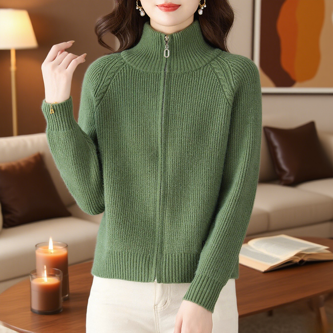 专柜正品春秋爆款羊毛衫女开衫宽松拉链毛衣外套翻领针织衫外搭