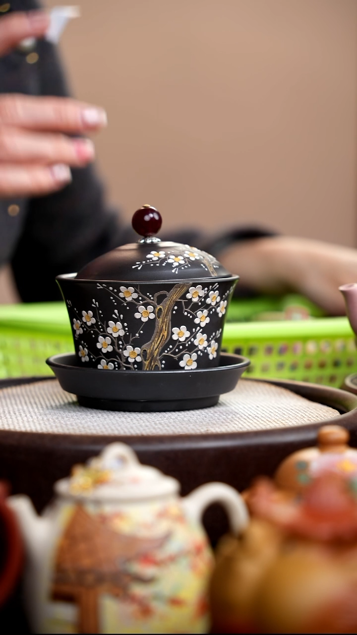 茶壶紫砂石黄白梅三才盖碗