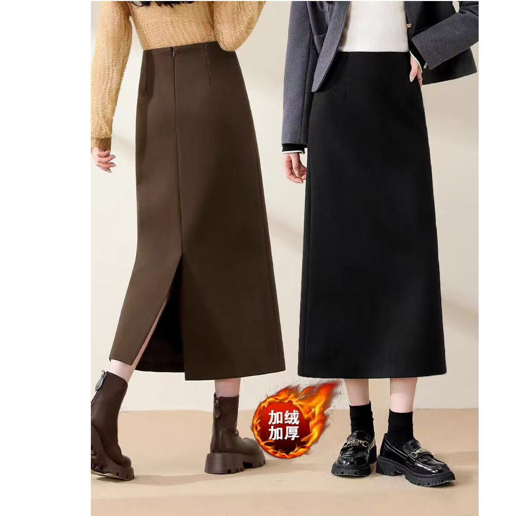毛呢加绒半身裙女秋冬2025新款高腰黑色裙子包臀a字开叉直筒长裙