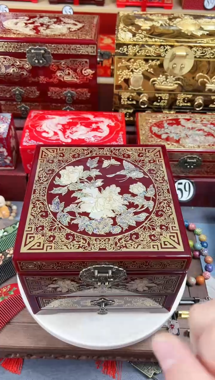 【闪购商品】20厘米新款三层单抽掐丝螺钿酒红蝶恋花